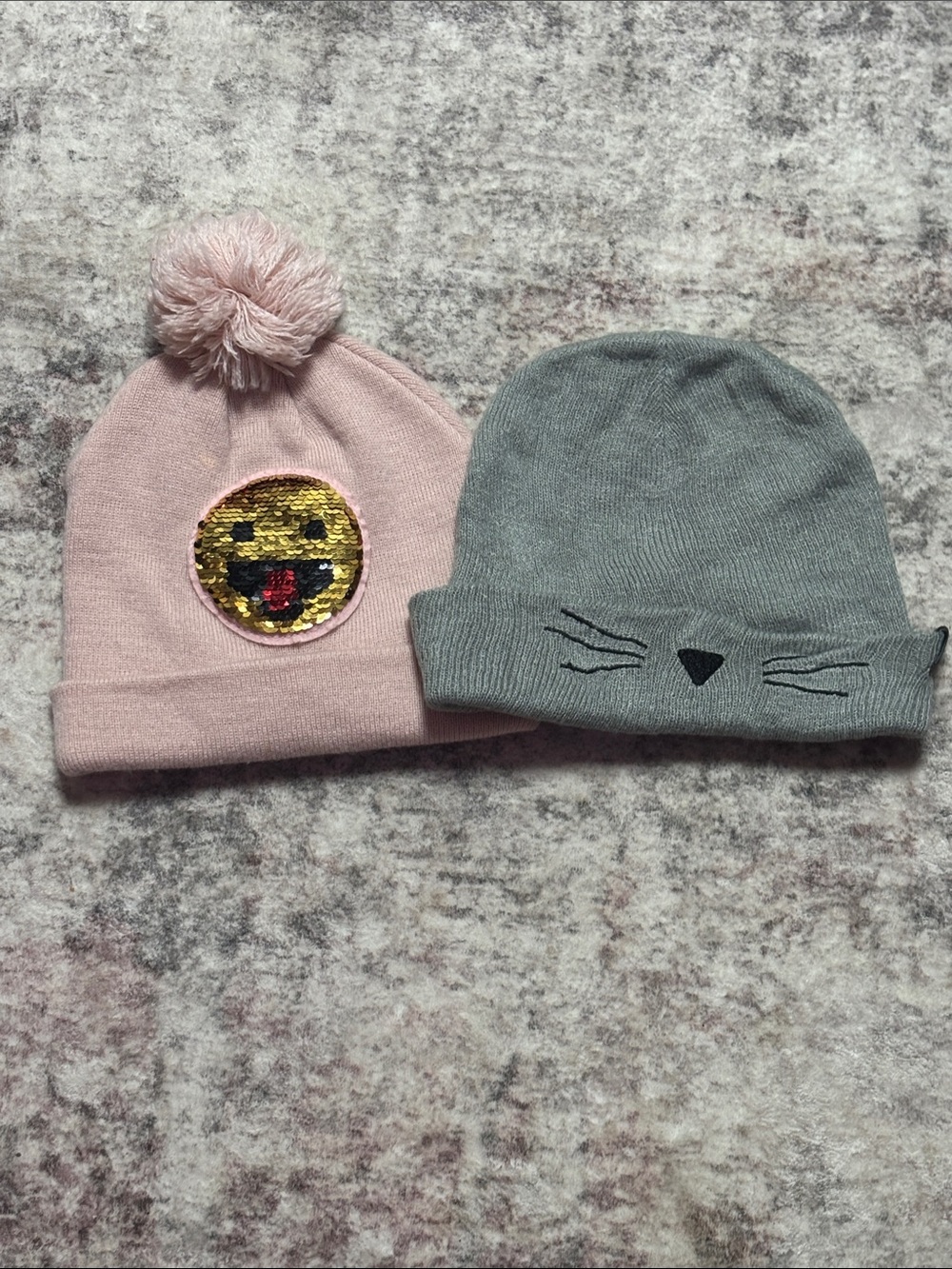Pom Pom Beanie and Cat Face Knit Hat Set - Pink & Gray